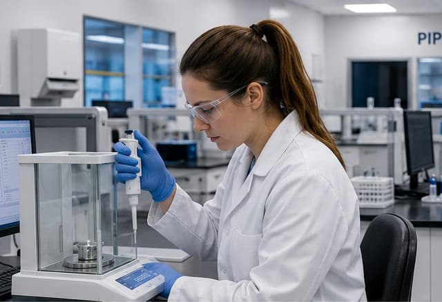 A laboratory technician performing a gravimetric pipette calibration on an analytical balance